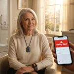 Senior at home wearing a medical alert pendant and smartwatch with a caregiver viewing the monitoring app on a smartphone; grab bars and kitchen tools visible in background