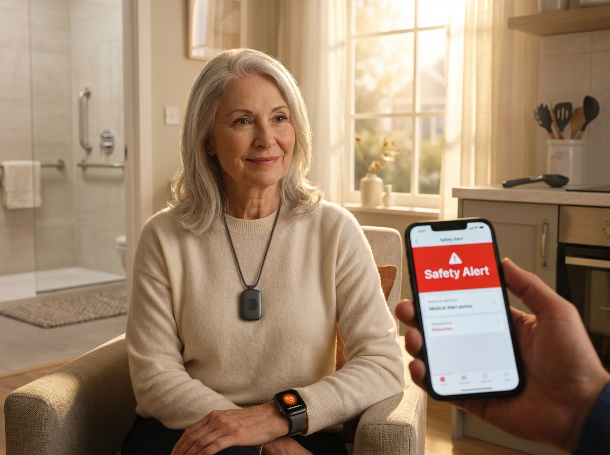 Senior at home wearing a medical alert pendant and smartwatch with a caregiver viewing the monitoring app on a smartphone; grab bars and kitchen tools visible in background