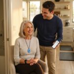 Older adult at home wearing a medical alert pendant and smartwatch while a caregiver checks an alert app on a smartphone near a bathroom with grab bars
