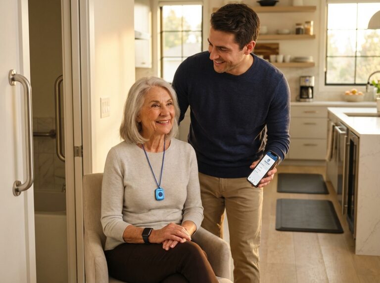 Older adult at home wearing a medical alert pendant and smartwatch while a caregiver checks an alert app on a smartphone near a bathroom with grab bars