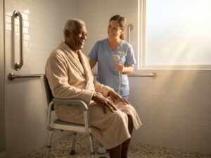 Senior seated on a sturdy shower chair in a bright accessible bathroom with grab bar and handheld shower, caregiver nearby