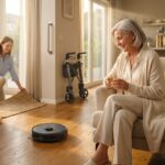 Senior watching a modern robot vacuum clean a tidy living room with mobility aids visible