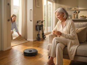 Senior watching a modern robot vacuum clean a tidy living room with mobility aids visible