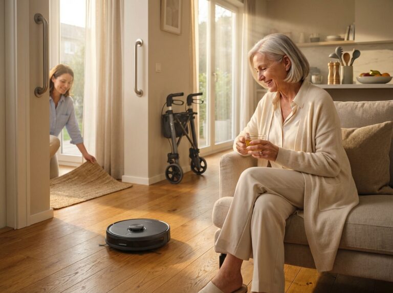 Senior watching a modern robot vacuum clean a tidy living room with mobility aids visible