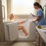 Bright modern bathroom with a white walk-in tub, open door, built-in seat, grab bars and an older adult being assisted, showing accessible bathing solution