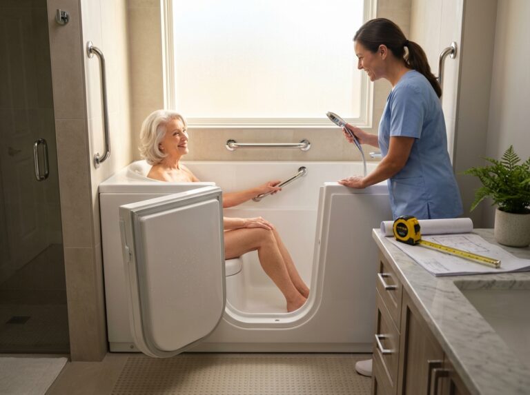 Bright modern bathroom with a white walk-in tub, open door, built-in seat, grab bars and an older adult being assisted, showing accessible bathing solution