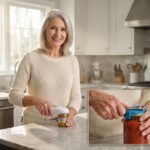 Senior using an electric jar opener on a kitchen counter with a manual silicone grip and jar key visible nearby, showing hands and jars in natural light