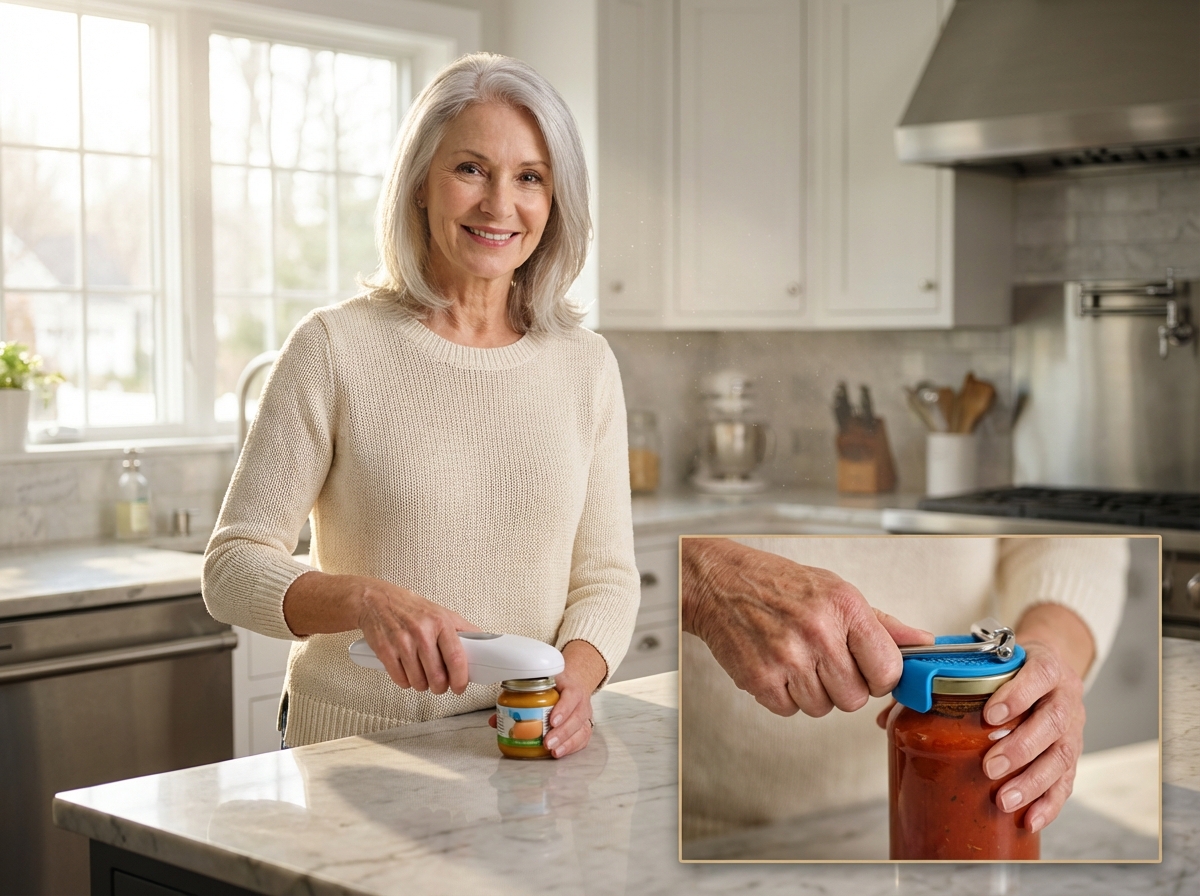 Senior using an electric jar opener on a kitchen counter with a manual silicone grip and jar key visible nearby, showing hands and jars in natural light