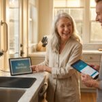 Senior woman in a sunny kitchen using an Echo Show with a caregiver nearby and visible assistive aids like a grab bar and adaptive kitchen tools