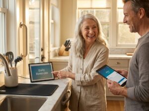 Senior woman in a sunny kitchen using an Echo Show with a caregiver nearby and visible assistive aids like a grab bar and adaptive kitchen tools
