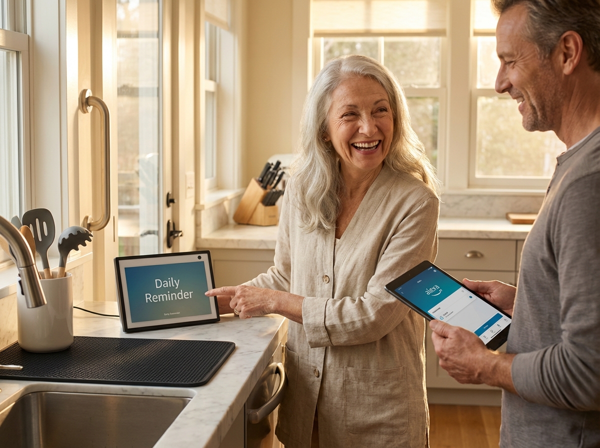 Senior woman in a sunny kitchen using an Echo Show with a caregiver nearby and visible assistive aids like a grab bar and adaptive kitchen tools