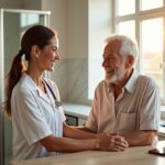 Caregiver assisting an older adult in a sunlit home bathroom and kitchen area with grab bars, handheld shower, raised toilet seat and adaptive kitchen tool visible
