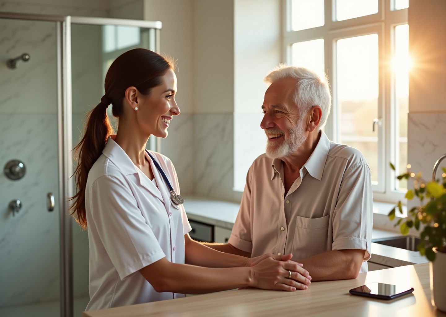 Caregiver assisting an older adult in a sunlit home bathroom and kitchen area with grab bars, handheld shower, raised toilet seat and adaptive kitchen tool visible
