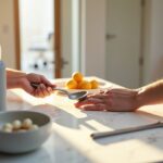 Middle-aged person with hand swelling using an ergonomic adaptive utensil in a home kitchen with grab bar visible in a bathroom doorway, reacher, pill organizer and voice assistant on the counter