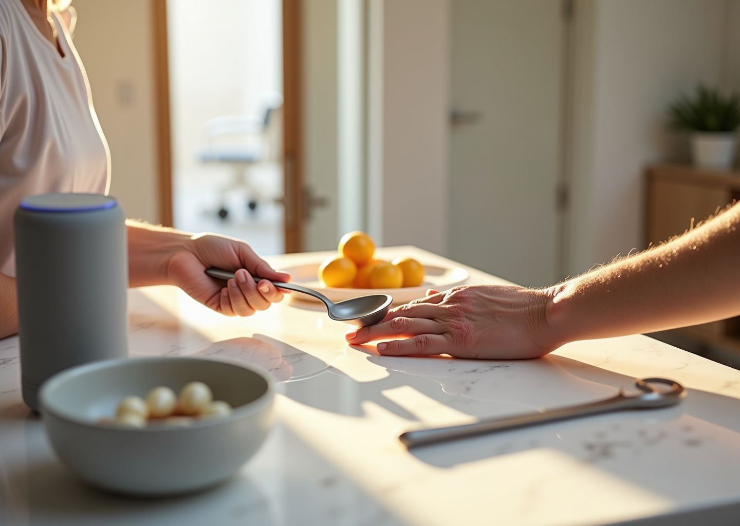 Middle-aged person with hand swelling using an ergonomic adaptive utensil in a home kitchen with grab bar visible in a bathroom doorway, reacher, pill organizer and voice assistant on the counter