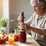 Older adult with hand arthritis using manual and electric jar openers on a kitchen counter with other assistive aids visible, conveying accessible kitchen independence