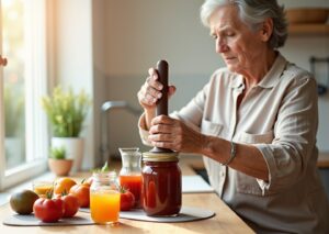 Older adult with hand arthritis using manual and electric jar openers on a kitchen counter with other assistive aids visible, conveying accessible kitchen independence