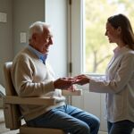 Straight stair lift installed in a suburban American home with an older adult seated and a caregiver nearby.