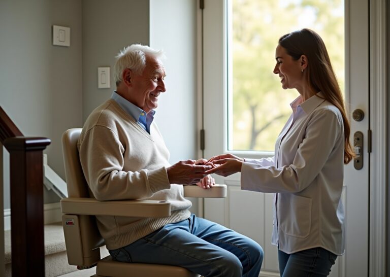Straight stair lift installed in a suburban American home with an older adult seated and a caregiver nearby.