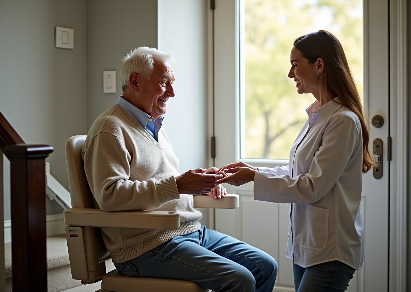 Straight stair lift installed in a suburban American home with an older adult seated and a caregiver nearby.