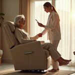 Older adult using a power lift chair in a cozy living room with caregiver holding a Medicare card and prescription, showing accessible home aids and a safe, dignified setting