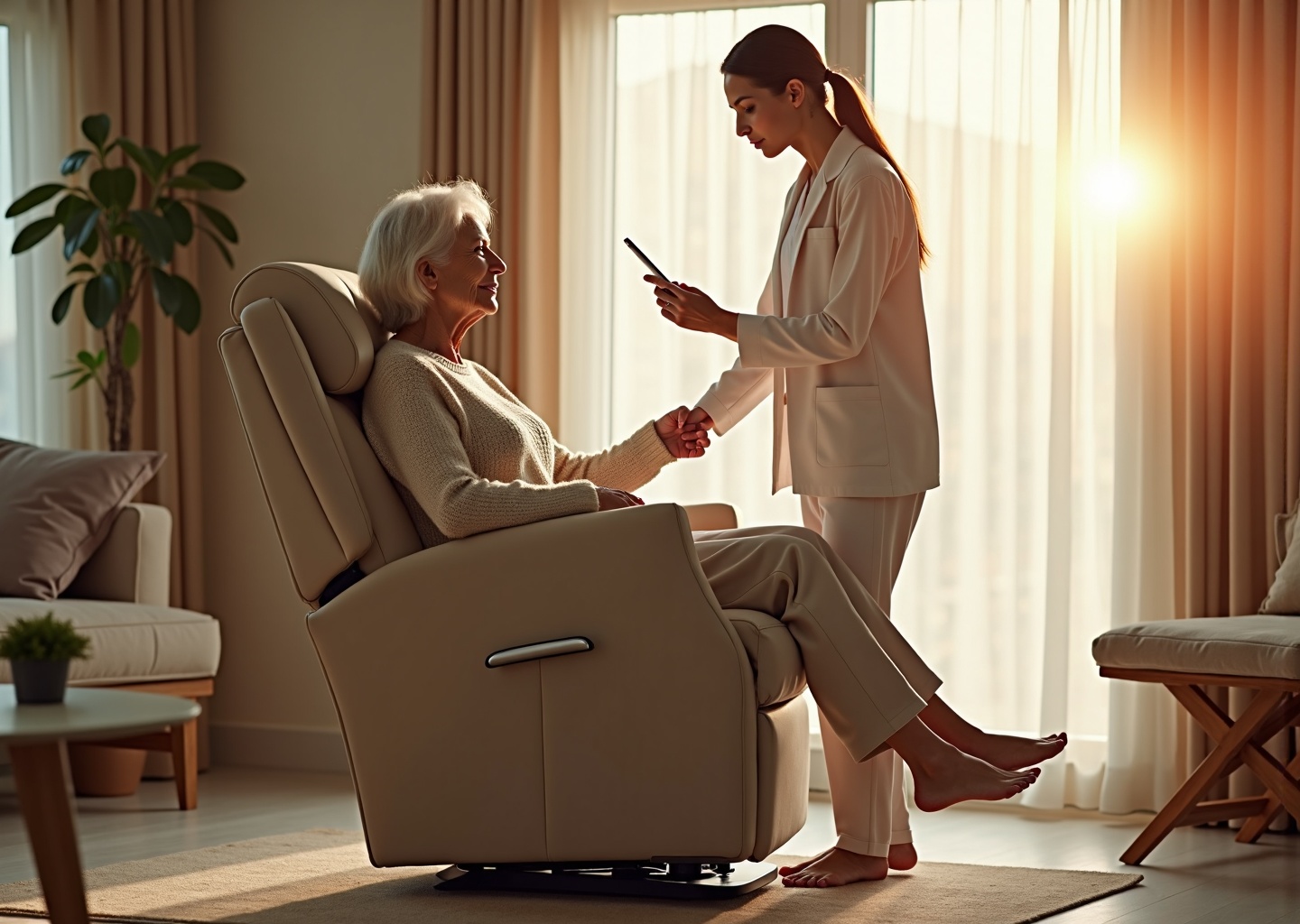 Older adult using a power lift chair in a cozy living room with caregiver holding a Medicare card and prescription, showing accessible home aids and a safe, dignified setting