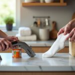 Two reacher grabber tools on a kitchen island in a US home with an older adult using a lightweight grabber and a caregiver placing an item for a heavy duty grabber