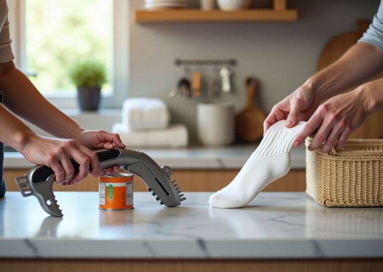 Two reacher grabber tools on a kitchen island in a US home with an older adult using a lightweight grabber and a caregiver placing an item for a heavy duty grabber